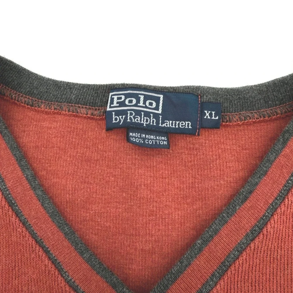 Vintage Polo Ralph Lauren Sweater Men XL Orange V-Neck Cotton Knit Pullover Pony